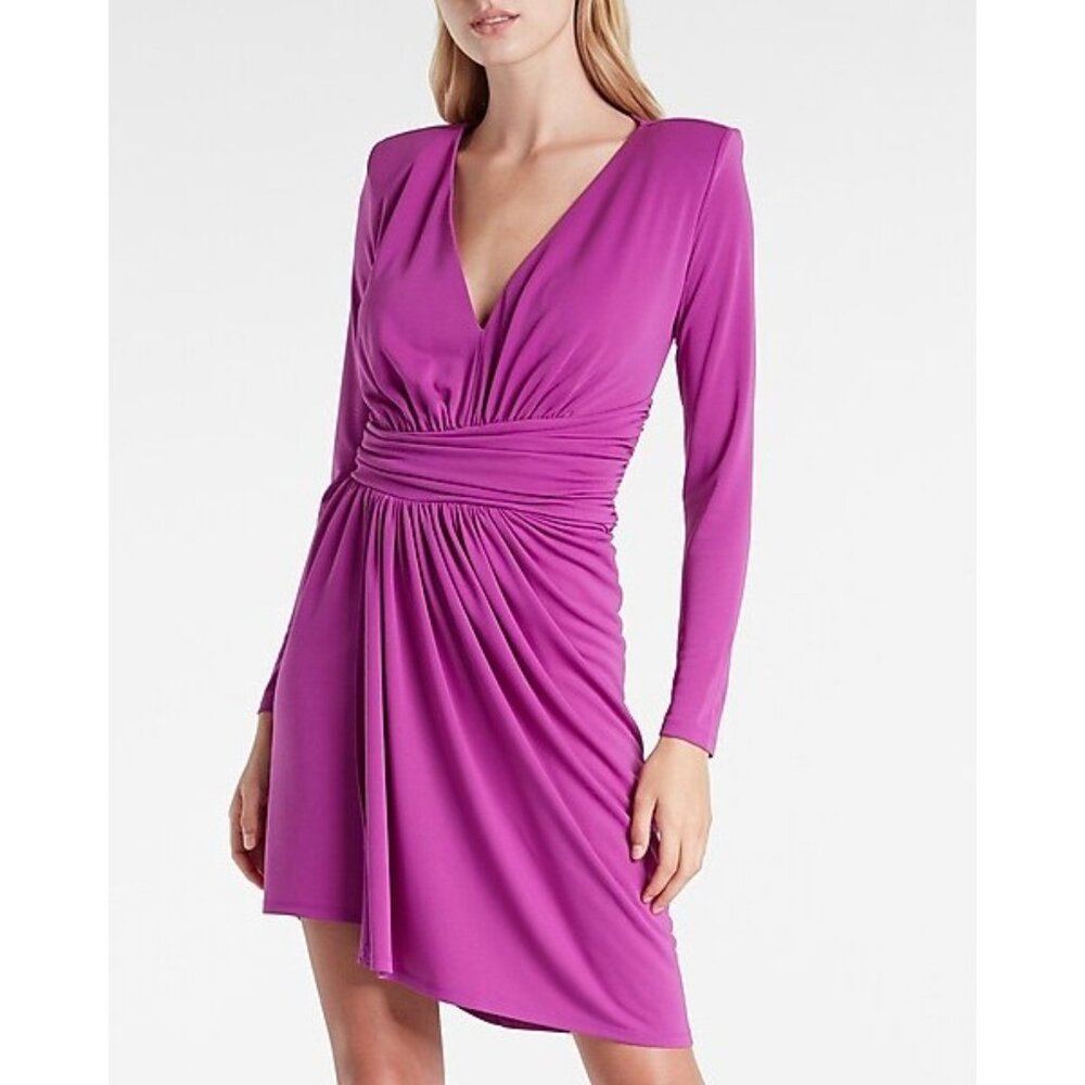 NEW Express V-Neck Long Sleeve Strong Shoulder Draped Mini Dress Purple X-Small